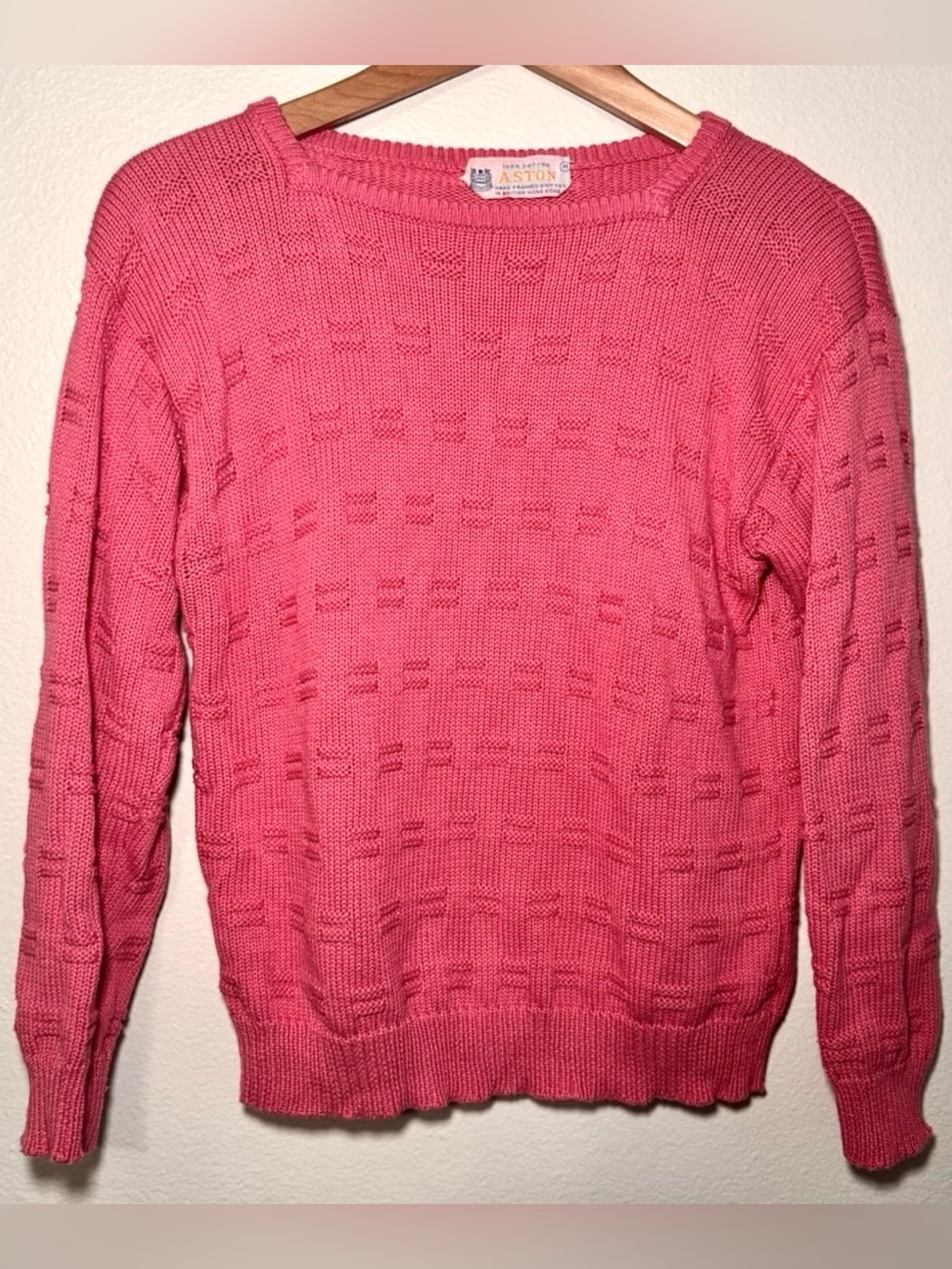 Vintage Aston Pink Cotton Square Neck Sweater Made in British Hong Kong M